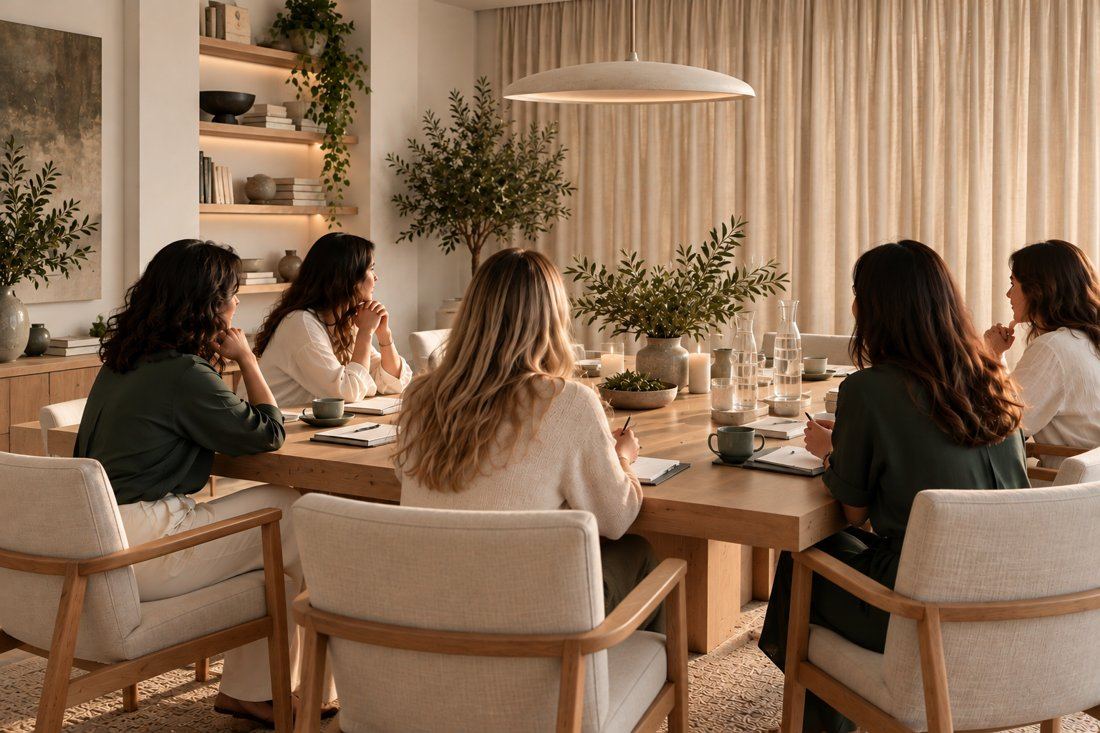Grupo à volta de uma mesa de madeira numa sala serena, com oliveiras e luz quente