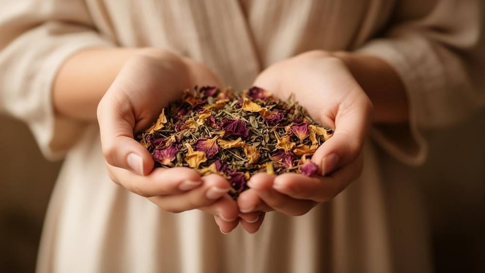 Mãos em concha com pétalas de rosa e ervas secas
